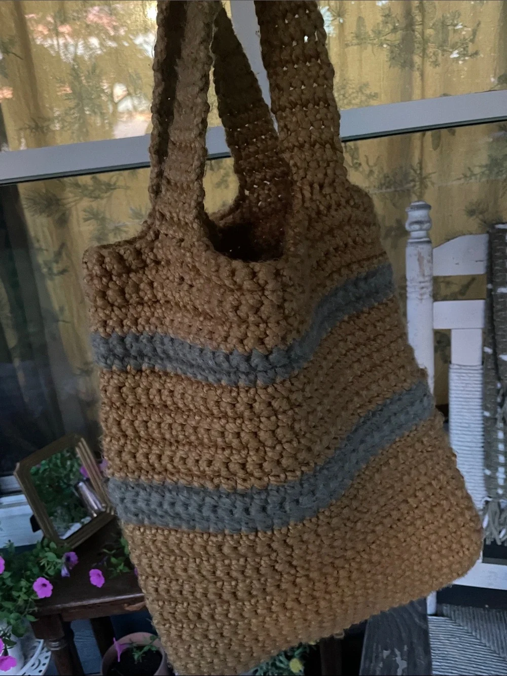 Hand Made Crochet Tote Bag in Kodak Yellow with Moss Green Stripes 🫶🏻